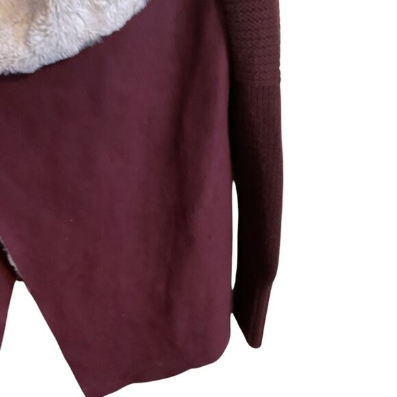 Just Fab Cardigan Women’s SZ M Burgundy Suede Faux Fur Collar Open Long Sleeve - Picture 6 of 9